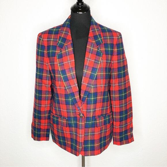 Pendleton red navy tartan plaid virgin wool button front blazer - Picture 1 of 15